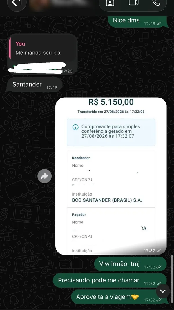 Pix de R$ 5.150,00 enviado a cliente pela compra de skins